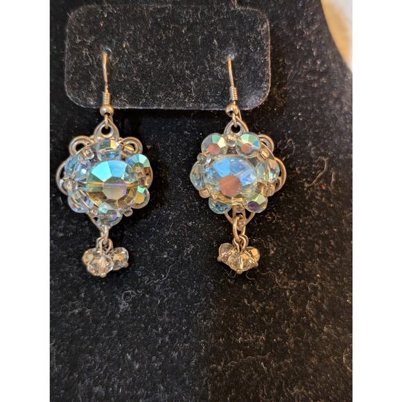 Vintage AB Crystal Three Clear Crystal Dangle Pierced Earrings - Picture 5 of 6